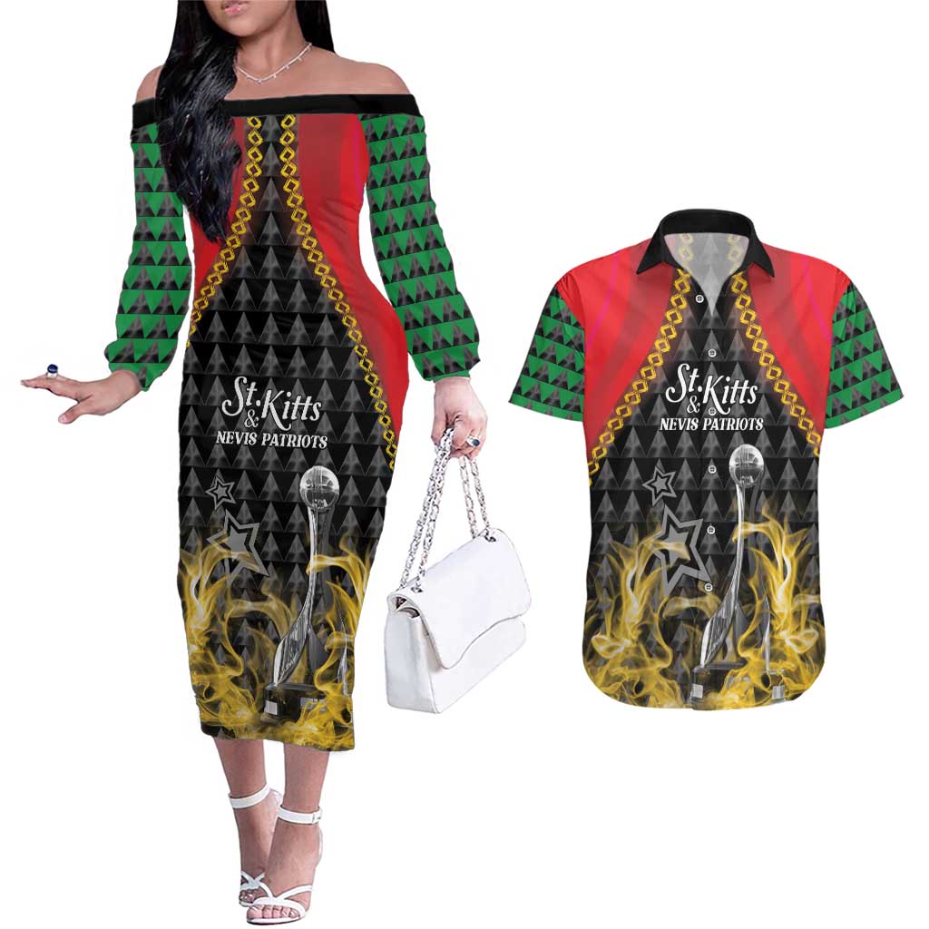 Custom St Kitts Nevis Cricket Patriots Couples Matching Off The Shoulder Long Sleeve Dress and Hawaiian Shirt Road To Victory - Wonder Print Shop