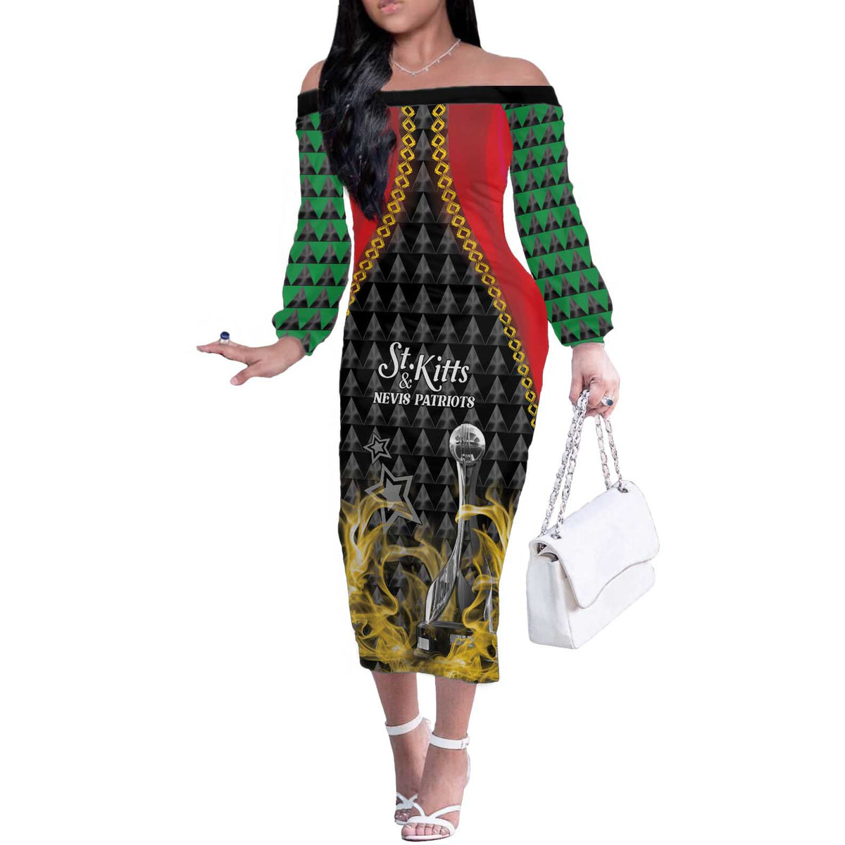 Custom St Kitts Nevis Cricket Patriots Off The Shoulder Long Sleeve Dress Road To Victory - Wonder Print Shop