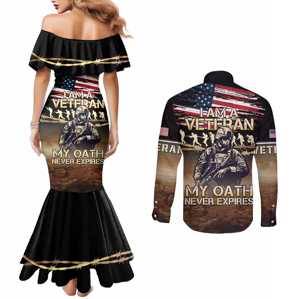 United States Veterans Day Couples Matching Mermaid Dress and Long Sleeve Button Shirt Thank You Veterans Proud US Flag
