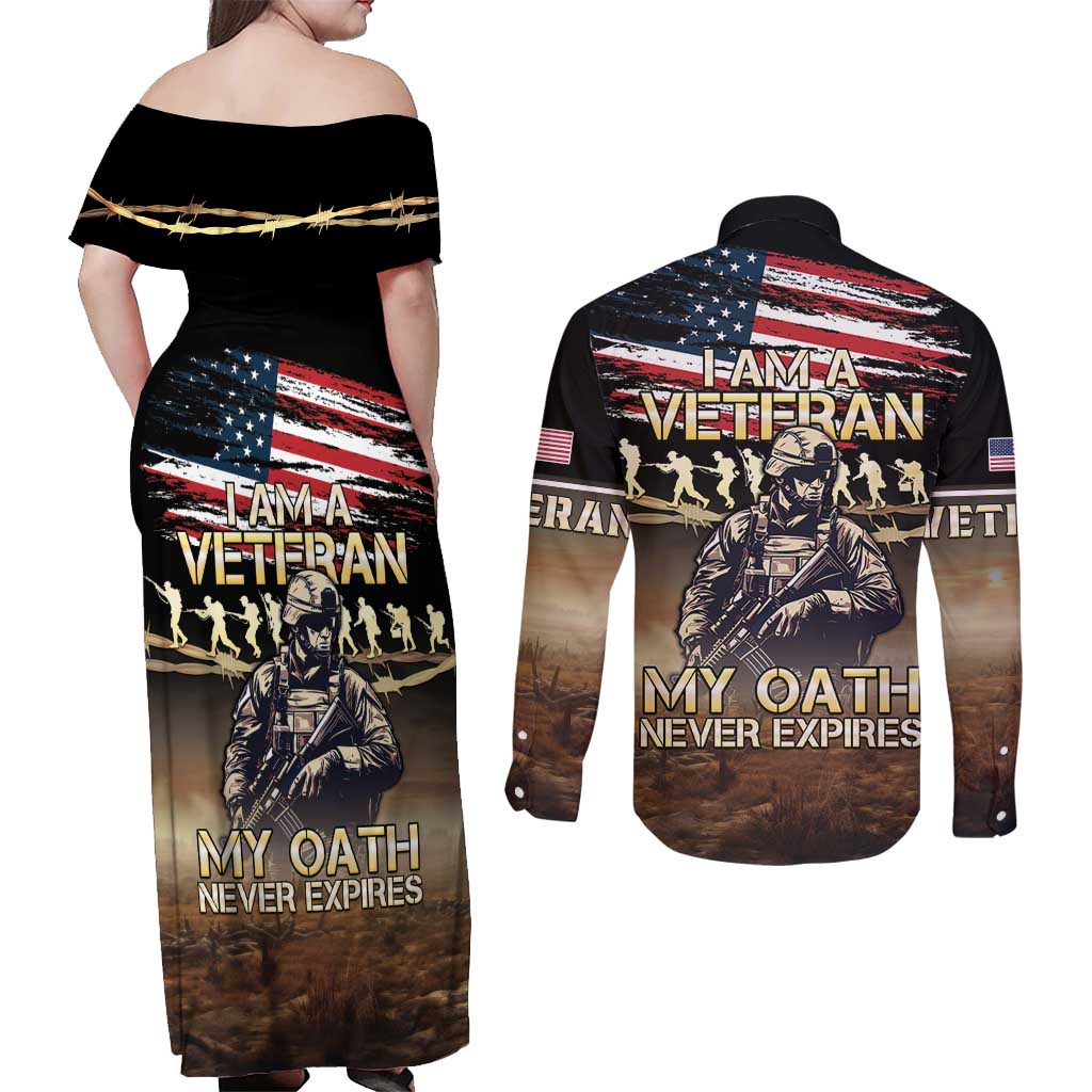United States Veterans Day Couples Matching Off Shoulder Maxi Dress and Long Sleeve Button Shirt Thank You Veterans Proud US Flag LT05 - Wonder Print Shop