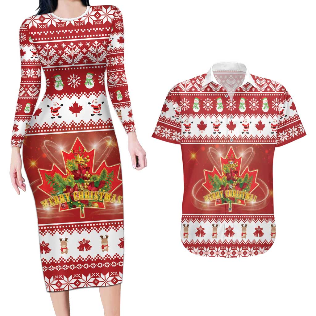 Merry Christmas Canada Couples Matching Long Sleeve Bodycon Dress and Hawaiian Shirt Festive Maple Leaf Xmas - Wonder Print Shop