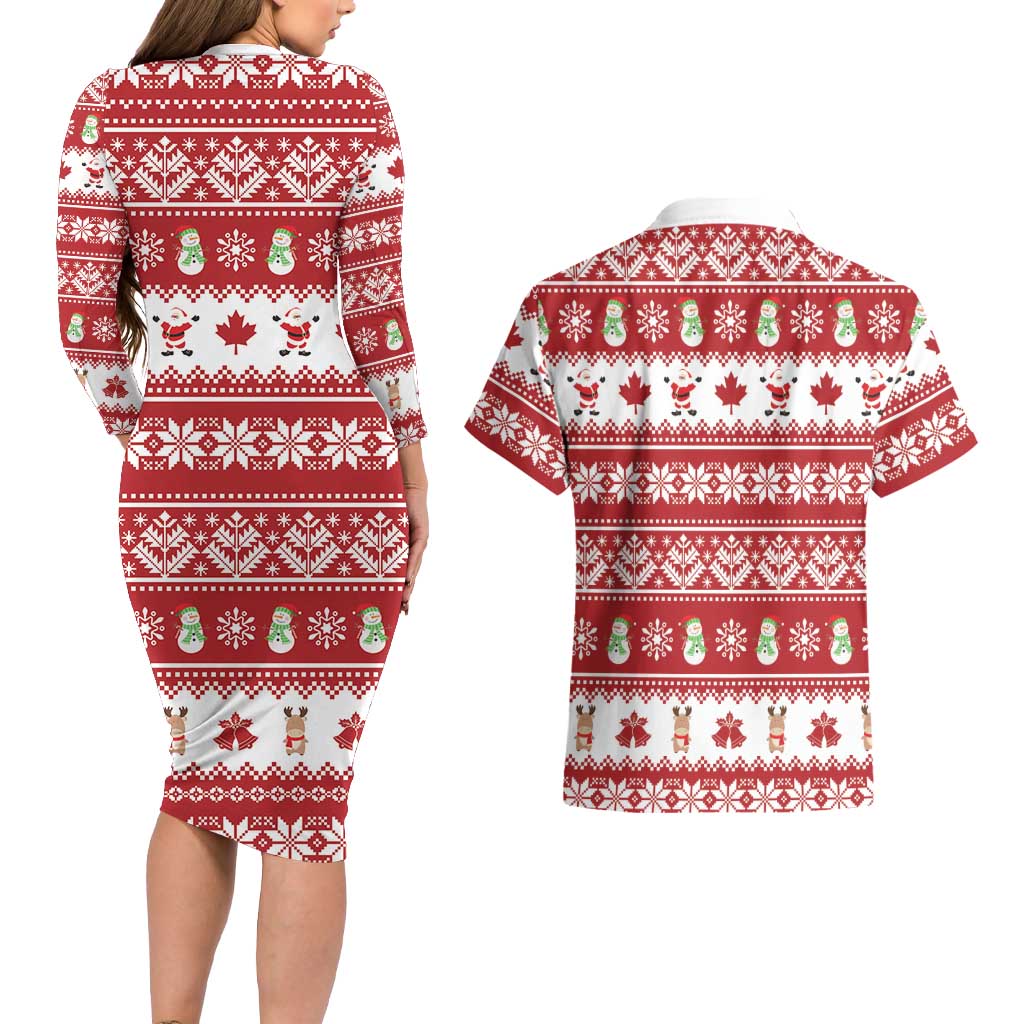 Merry Christmas Canada Couples Matching Long Sleeve Bodycon Dress and Hawaiian Shirt Festive Maple Leaf Xmas - Wonder Print Shop