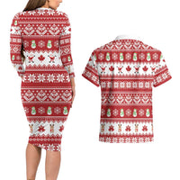 Merry Christmas Canada Couples Matching Long Sleeve Bodycon Dress and Hawaiian Shirt Festive Maple Leaf Xmas - Wonder Print Shop