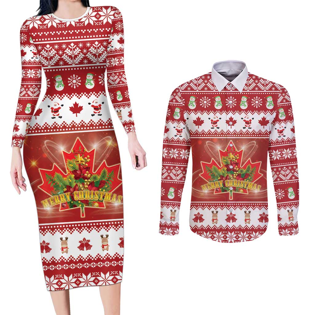 Merry Christmas Canada Couples Matching Long Sleeve Bodycon Dress and Long Sleeve Button Shirt Festive Maple Leaf Xmas - Wonder Print Shop