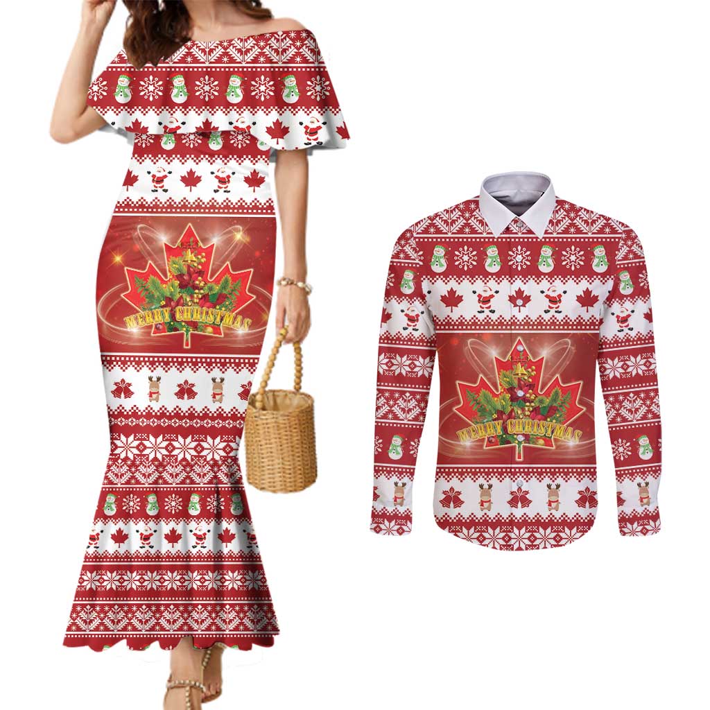 Merry Christmas Canada Couples Matching Mermaid Dress and Long Sleeve Button Shirt Festive Maple Leaf Xmas - Wonder Print Shop