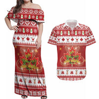 Merry Christmas Canada Couples Matching Off Shoulder Maxi Dress and Hawaiian Shirt Festive Maple Leaf Xmas - Wonder Print Shop