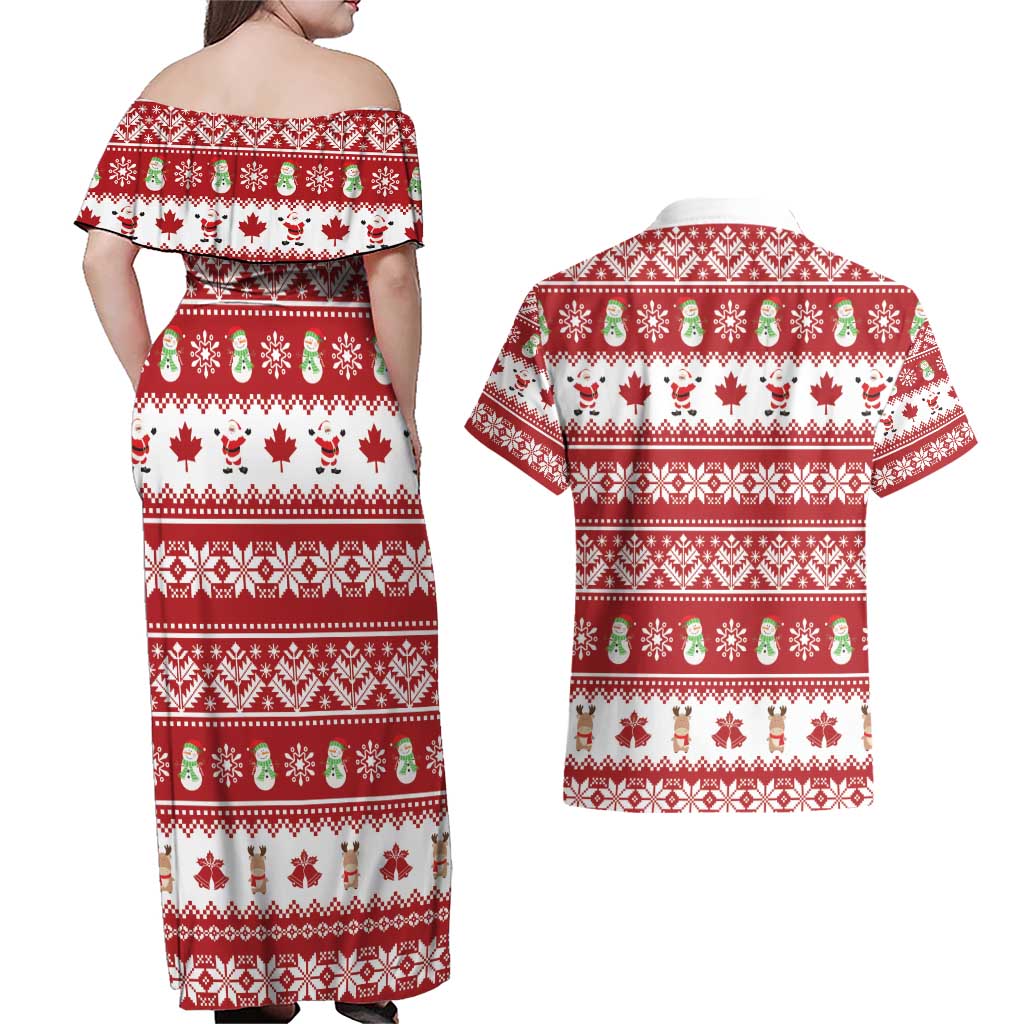 Merry Christmas Canada Couples Matching Off Shoulder Maxi Dress and Hawaiian Shirt Festive Maple Leaf Xmas - Wonder Print Shop