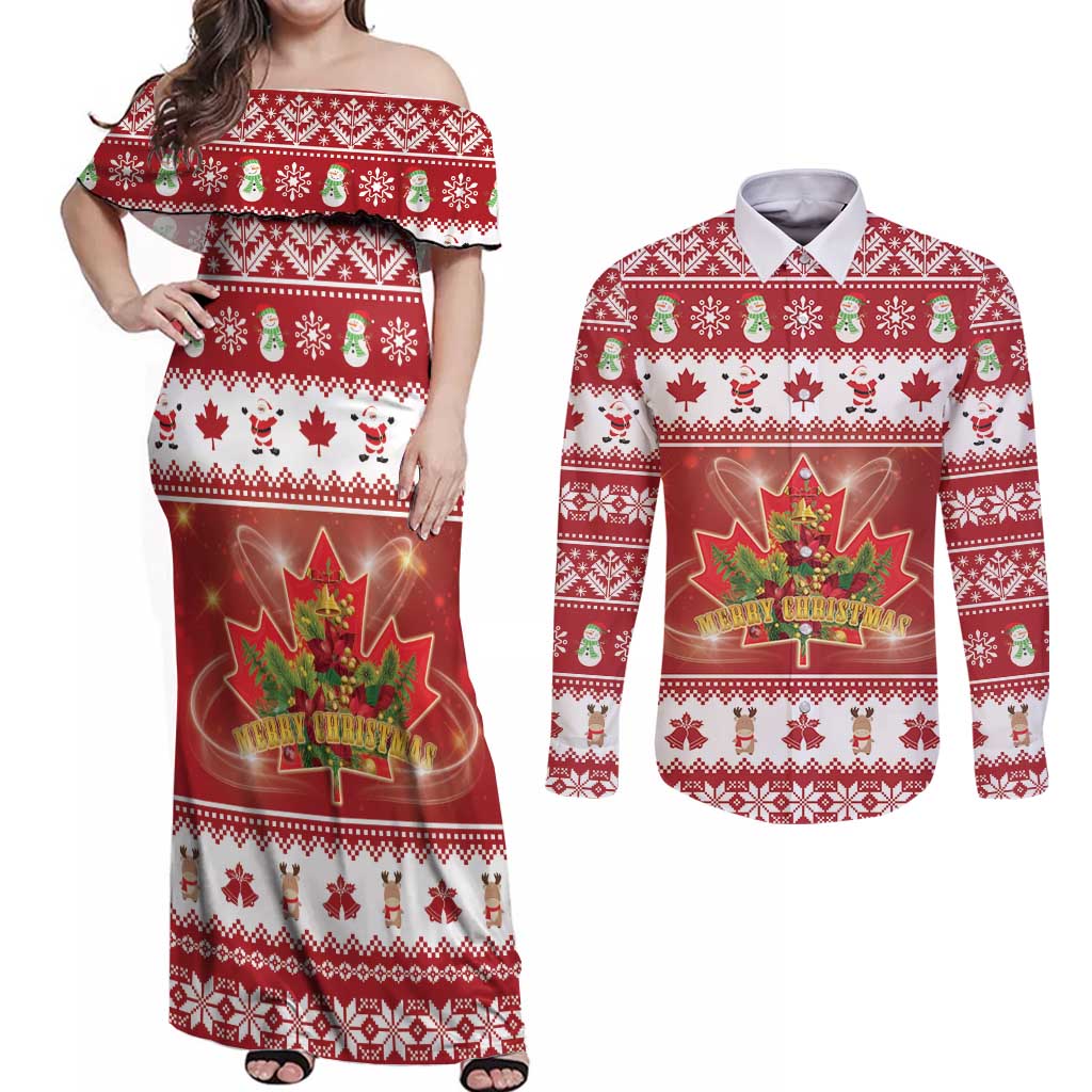 Merry Christmas Canada Couples Matching Off Shoulder Maxi Dress and Long Sleeve Button Shirt Festive Maple Leaf Xmas - Wonder Print Shop