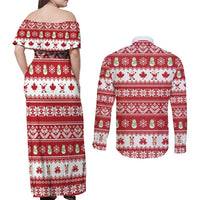 Merry Christmas Canada Couples Matching Off Shoulder Maxi Dress and Long Sleeve Button Shirt Festive Maple Leaf Xmas - Wonder Print Shop