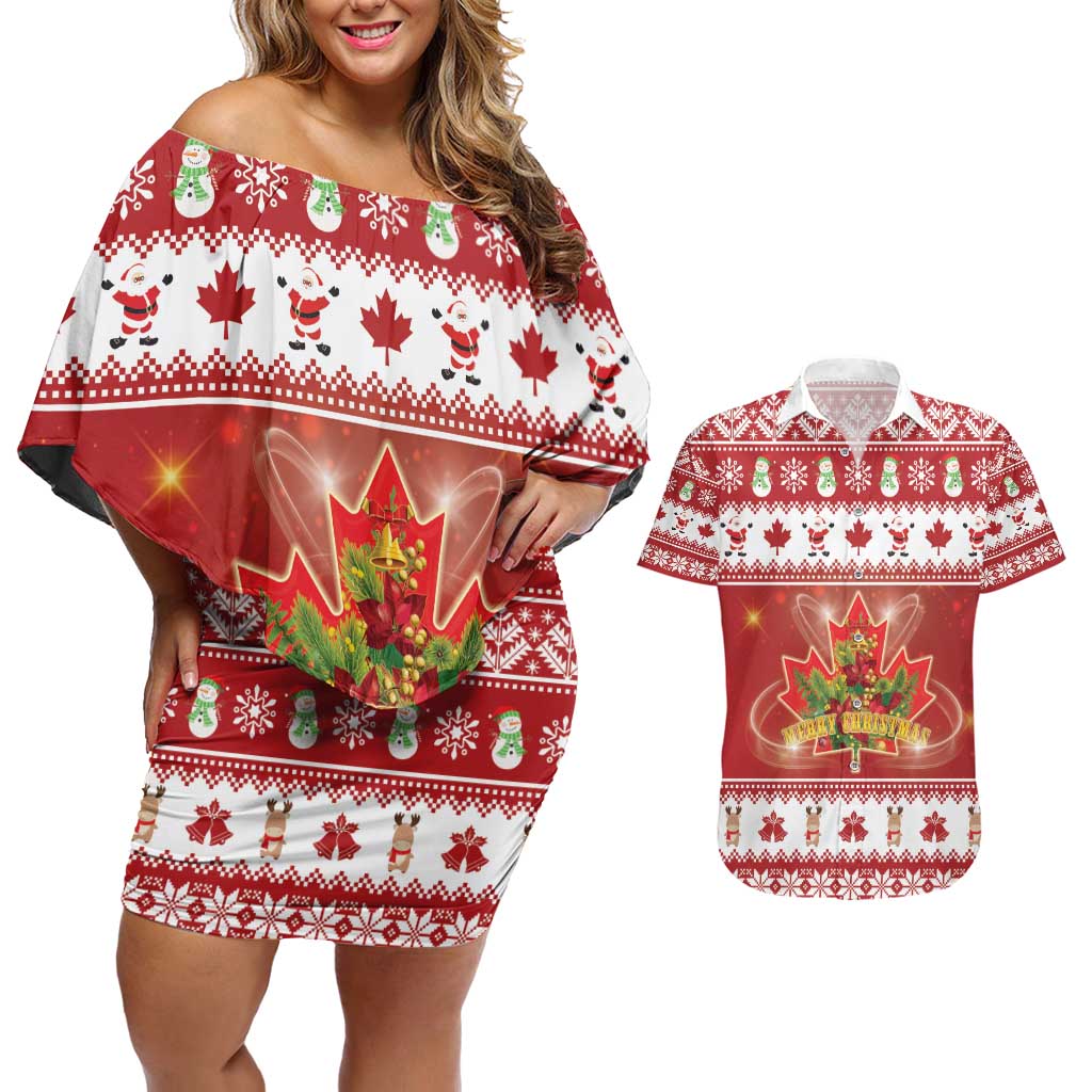 Merry Christmas Canada Couples Matching Off Shoulder Short Dress and Hawaiian Shirt Festive Maple Leaf Xmas - Wonder Print Shop