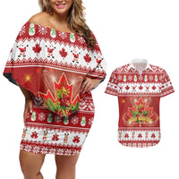 Merry Christmas Canada Couples Matching Off Shoulder Short Dress and Hawaiian Shirt Festive Maple Leaf Xmas - Wonder Print Shop