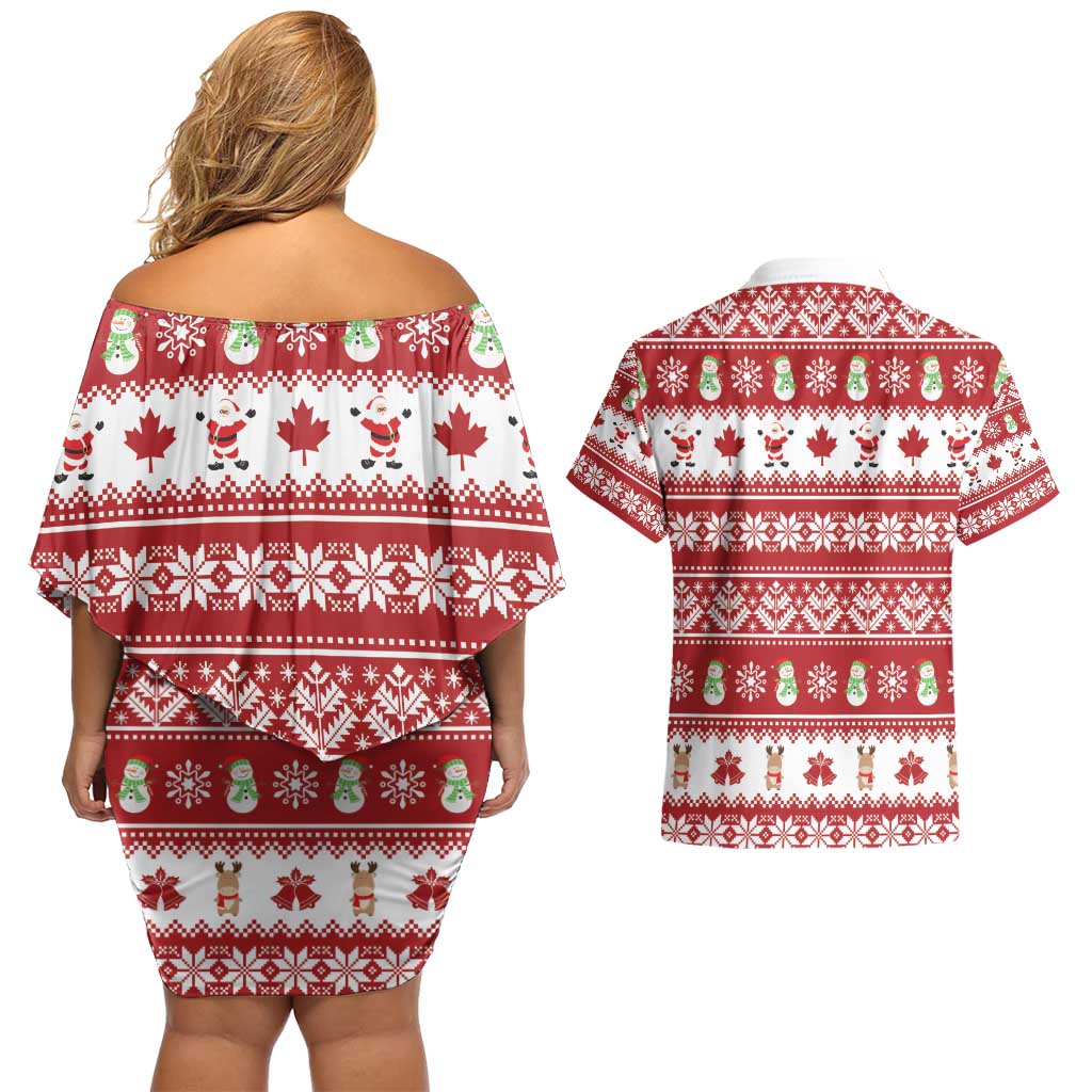 Merry Christmas Canada Couples Matching Off Shoulder Short Dress and Hawaiian Shirt Festive Maple Leaf Xmas - Wonder Print Shop