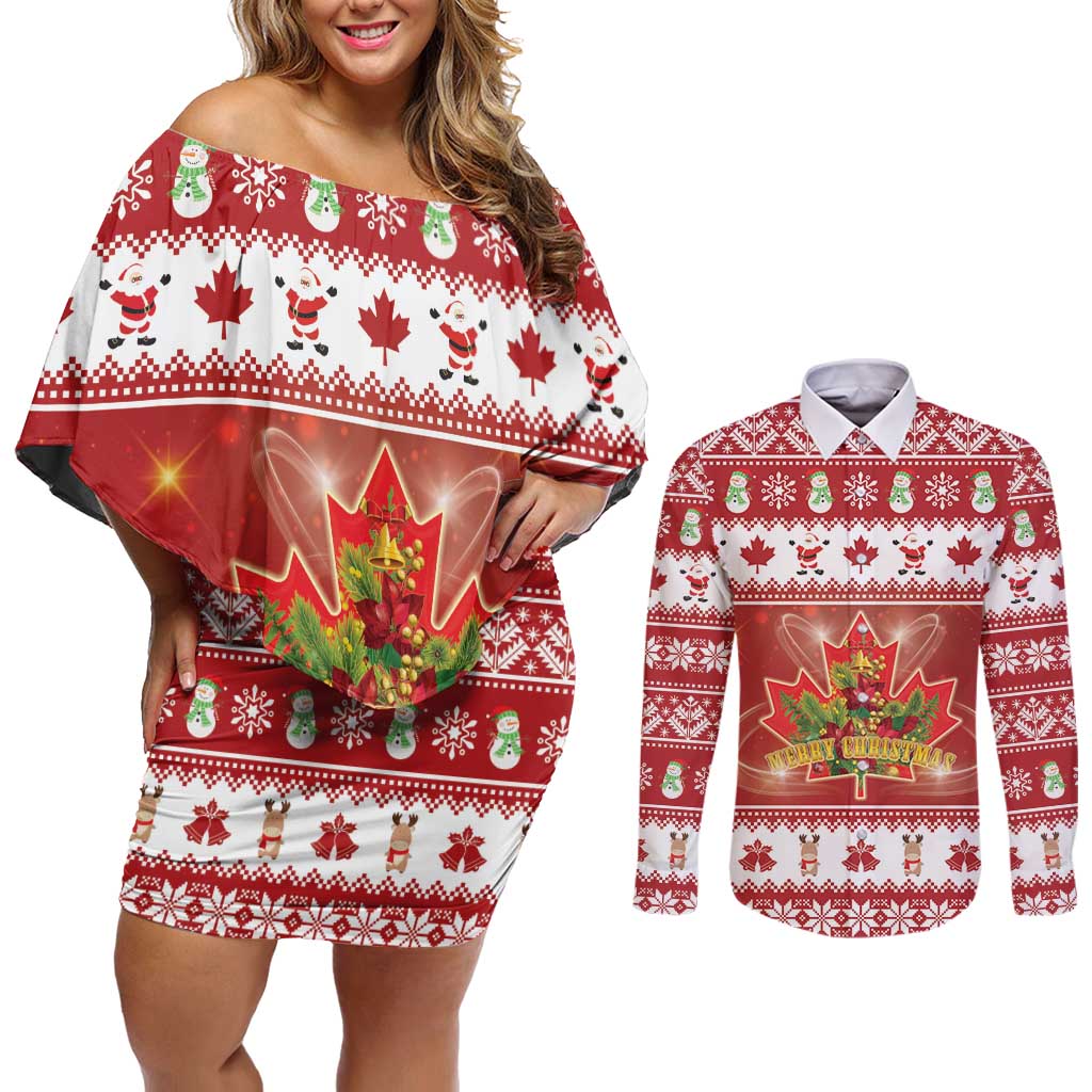 Merry Christmas Canada Couples Matching Off Shoulder Short Dress and Long Sleeve Button Shirt Festive Maple Leaf Xmas - Wonder Print Shop