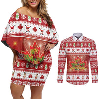Merry Christmas Canada Couples Matching Off Shoulder Short Dress and Long Sleeve Button Shirt Festive Maple Leaf Xmas - Wonder Print Shop