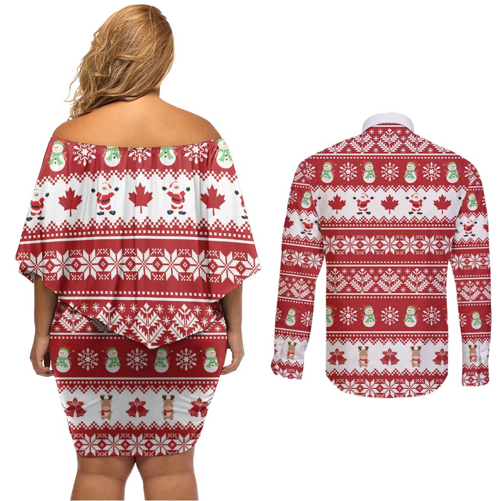 Merry Christmas Canada Couples Matching Off Shoulder Short Dress and Long Sleeve Button Shirt Festive Maple Leaf Xmas - Wonder Print Shop