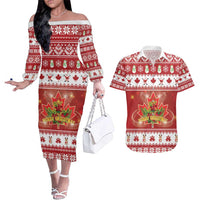 Merry Christmas Canada Couples Matching Off The Shoulder Long Sleeve Dress and Hawaiian Shirt Festive Maple Leaf Xmas - Wonder Print Shop