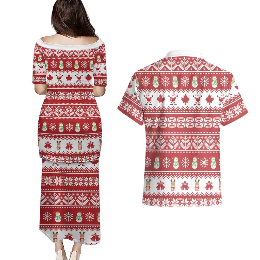 Merry Christmas Canada Couples Matching Puletasi and Hawaiian Shirt Festive Maple Leaf Xmas - Wonder Print Shop