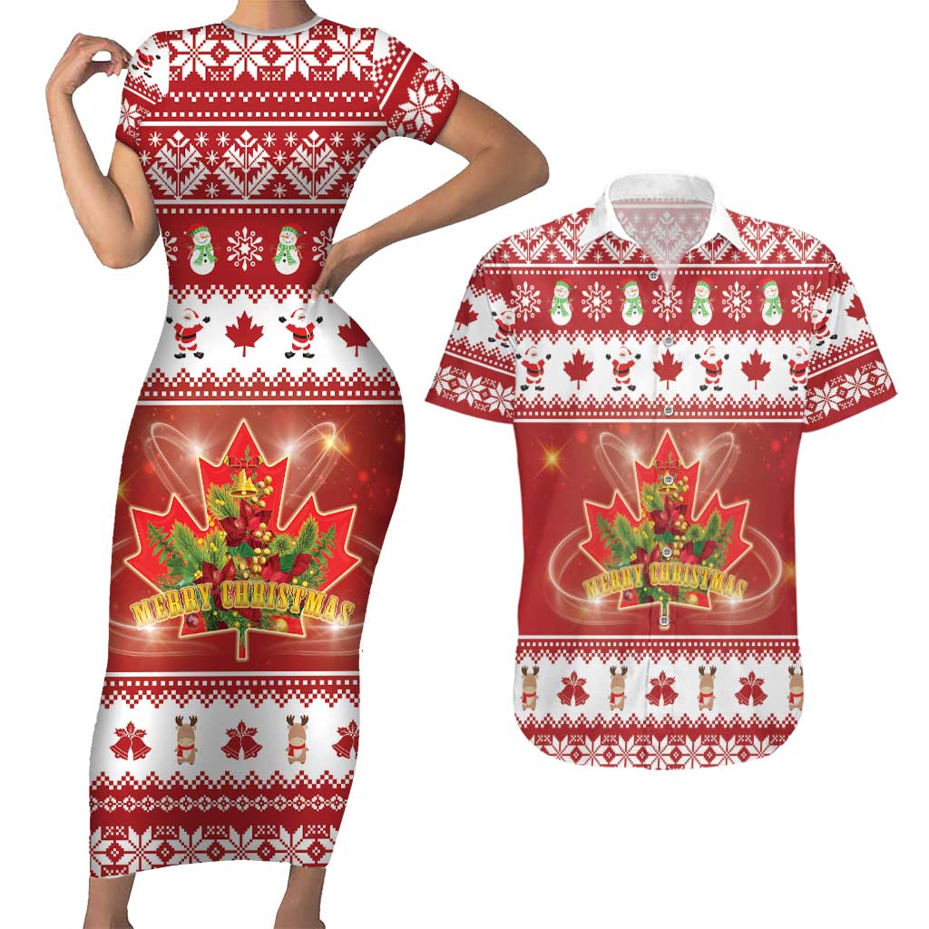 Merry Christmas Canada Couples Matching Short Sleeve Bodycon Dress and Hawaiian Shirt Festive Maple Leaf Xmas - Wonder Print Shop