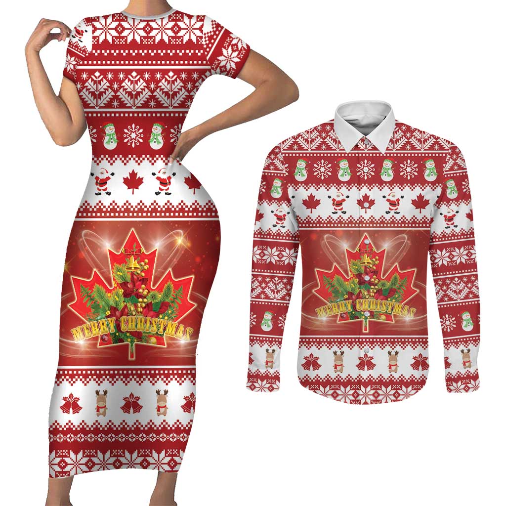 Merry Christmas Canada Couples Matching Short Sleeve Bodycon Dress and Long Sleeve Button Shirt Festive Maple Leaf Xmas - Wonder Print Shop