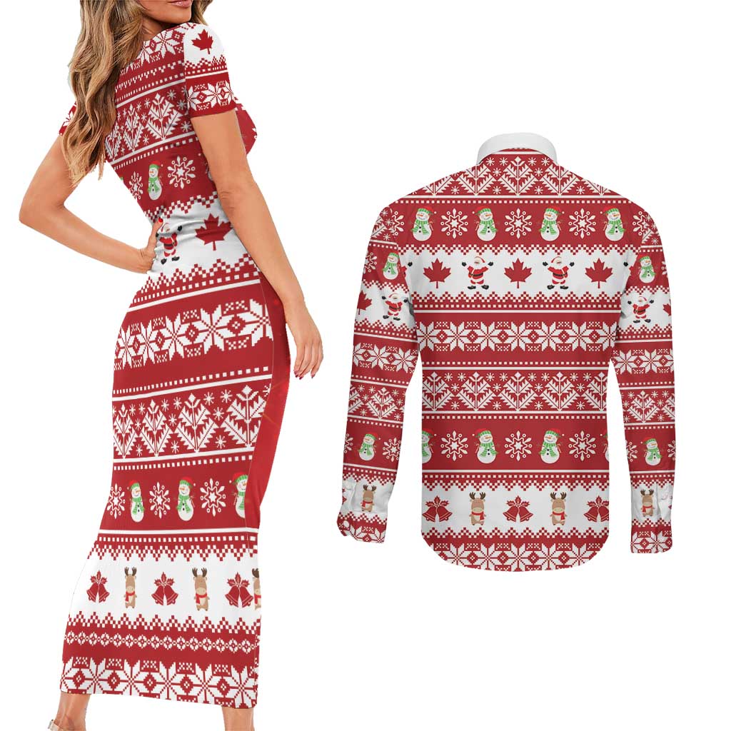 Merry Christmas Canada Couples Matching Short Sleeve Bodycon Dress and Long Sleeve Button Shirt Festive Maple Leaf Xmas - Wonder Print Shop