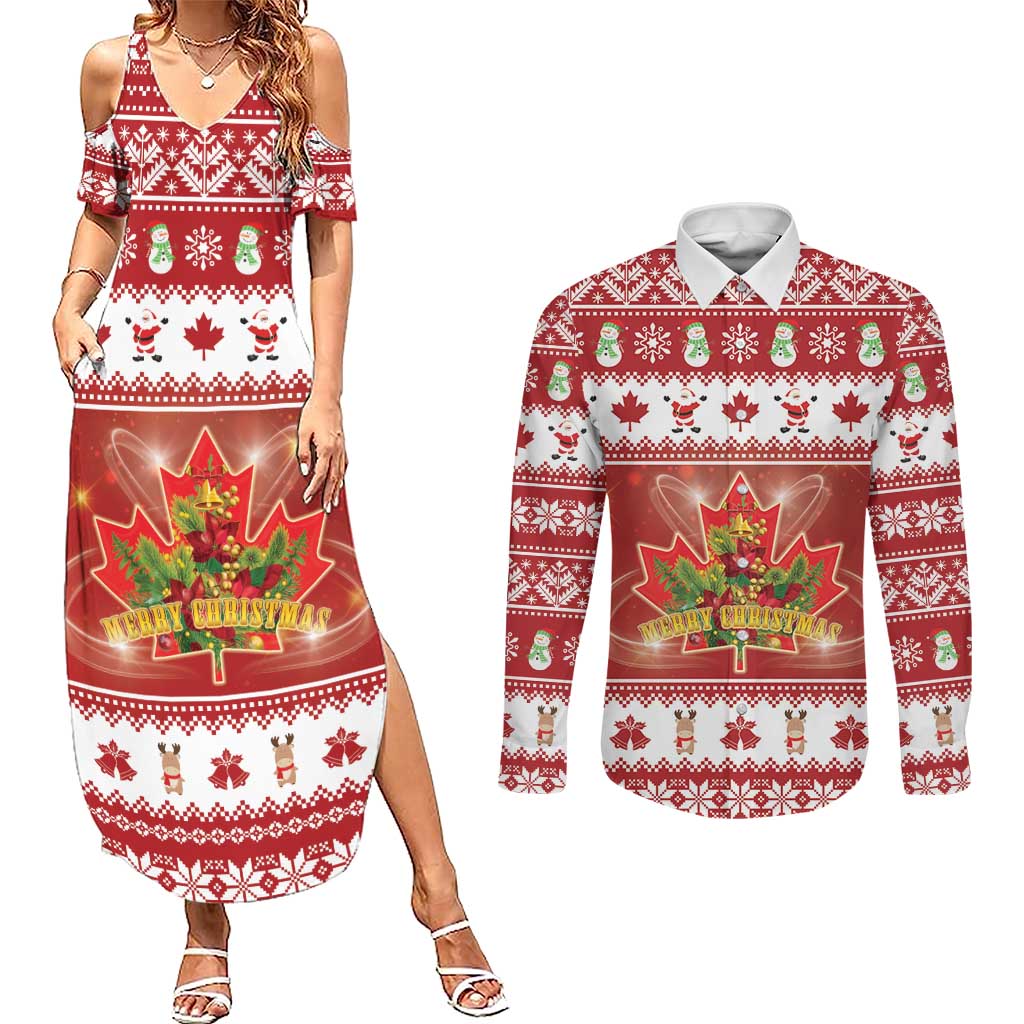 Merry Christmas Canada Couples Matching Summer Maxi Dress and Long Sleeve Button Shirt Festive Maple Leaf Xmas - Wonder Print Shop