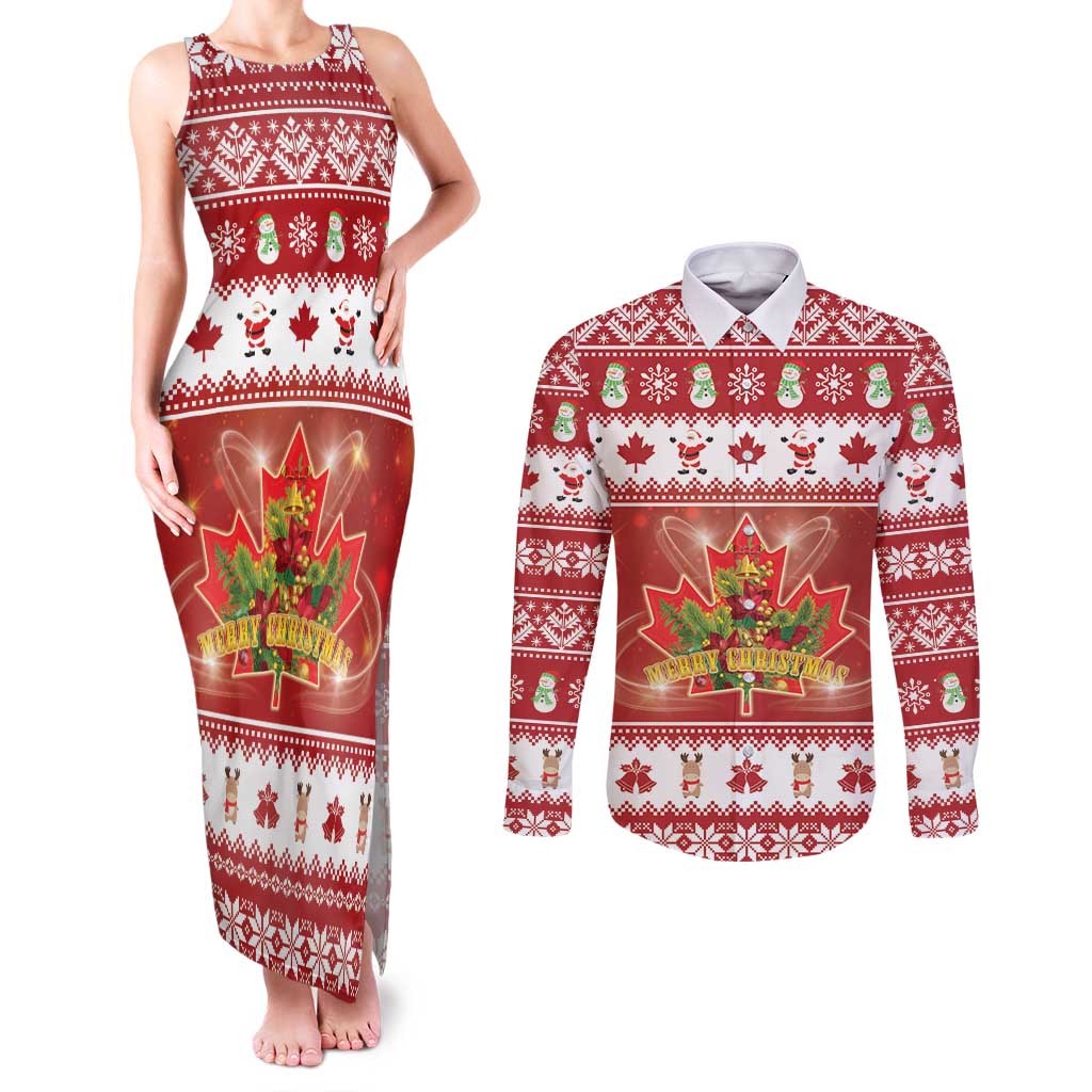 Merry Christmas Canada Couples Matching Tank Maxi Dress and Long Sleeve Button Shirt Festive Maple Leaf Xmas - Wonder Print Shop
