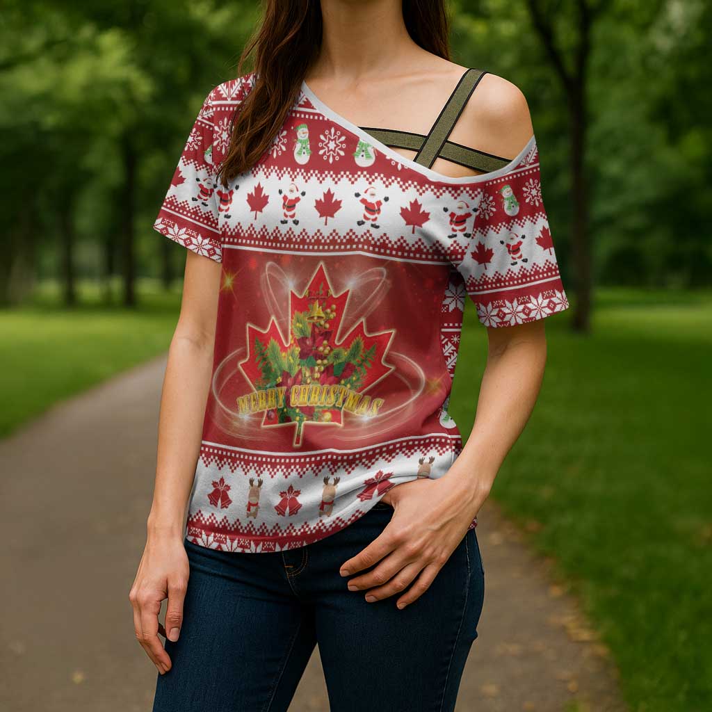 Merry Christmas Canada Cross Shoulder Shirt Festive Maple Leaf Xmas - Wonder Print Shop