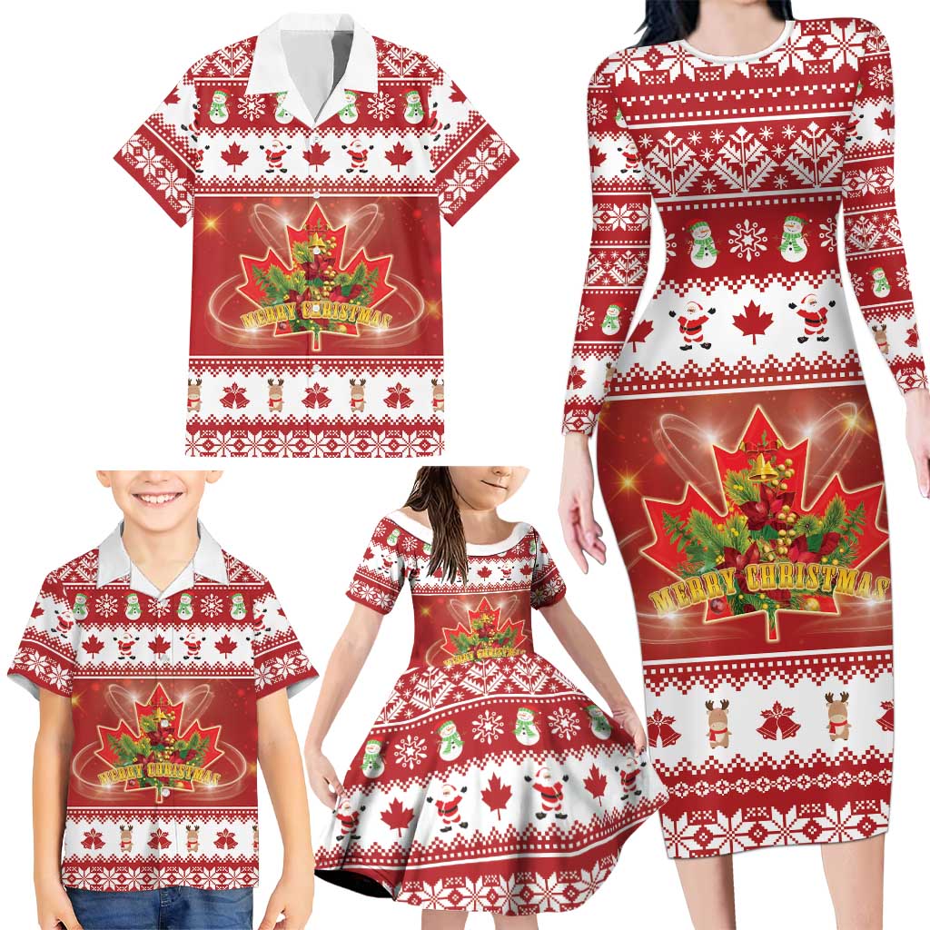 Merry Christmas Canada Family Matching Long Sleeve Bodycon Dress and Hawaiian Shirt Festive Maple Leaf Xmas - Wonder Print Shop