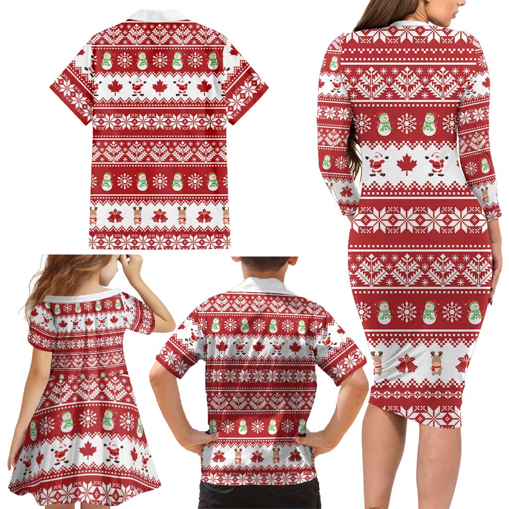 Merry Christmas Canada Family Matching Long Sleeve Bodycon Dress and Hawaiian Shirt Festive Maple Leaf Xmas - Wonder Print Shop