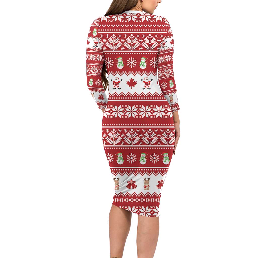 Merry Christmas Canada Family Matching Long Sleeve Bodycon Dress and Hawaiian Shirt Festive Maple Leaf Xmas - Wonder Print Shop