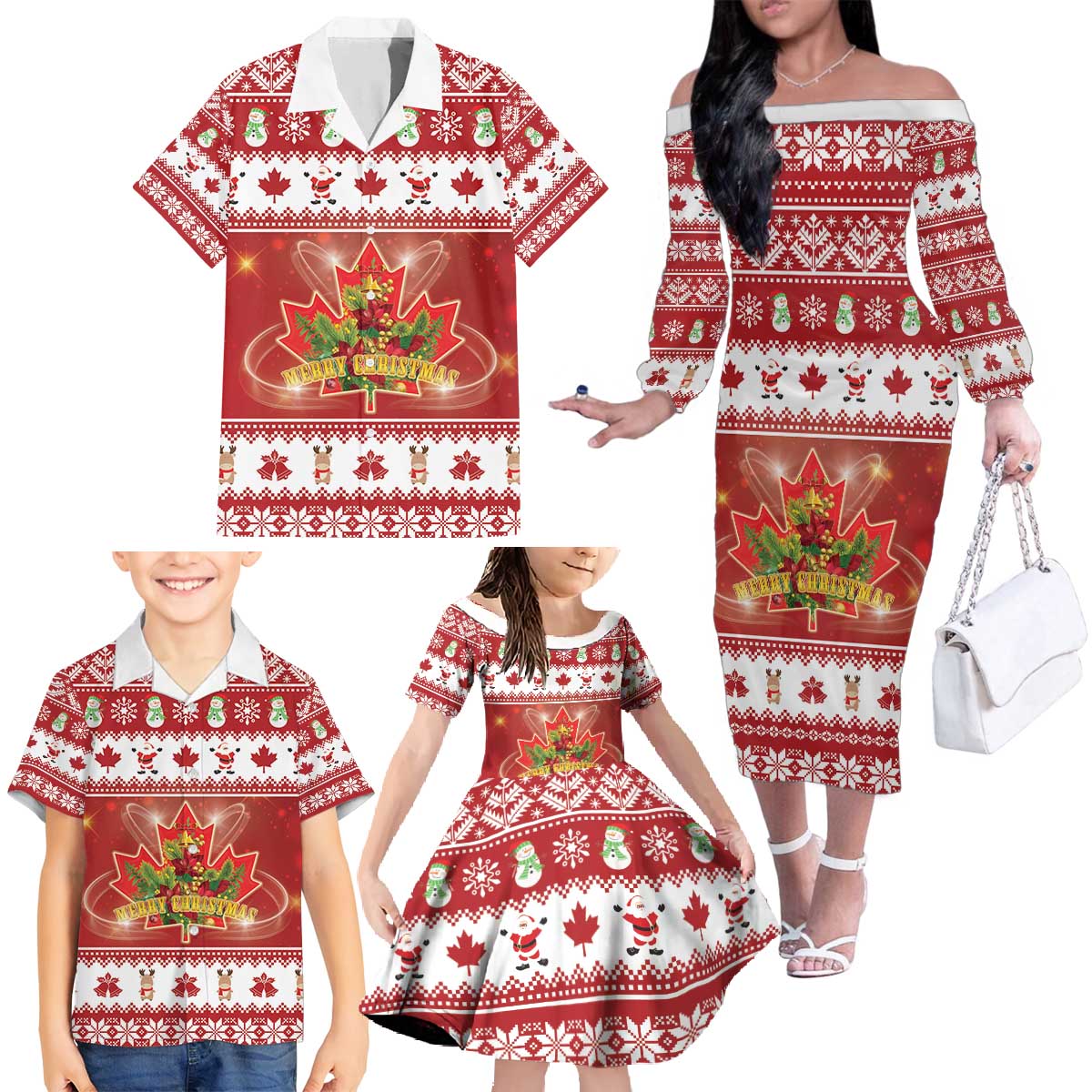 Merry Christmas Canada Family Matching Off The Shoulder Long Sleeve Dress and Hawaiian Shirt Festive Maple Leaf Xmas - Wonder Print Shop