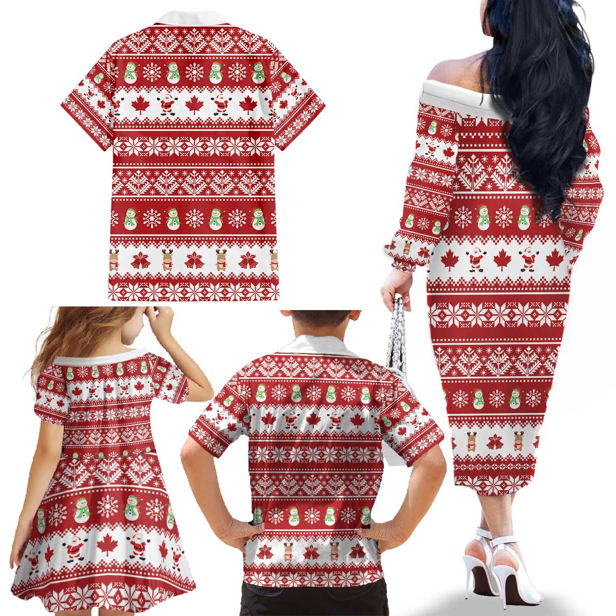 Merry Christmas Canada Family Matching Off The Shoulder Long Sleeve Dress and Hawaiian Shirt Festive Maple Leaf Xmas - Wonder Print Shop