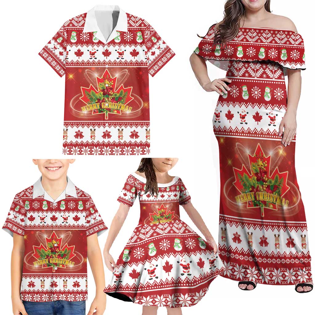 Merry Christmas Canada Family Matching Off Shoulder Maxi Dress and Hawaiian Shirt Festive Maple Leaf Xmas - Wonder Print Shop