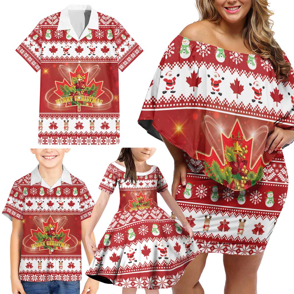Merry Christmas Canada Family Matching Off Shoulder Short Dress and Hawaiian Shirt Festive Maple Leaf Xmas - Wonder Print Shop