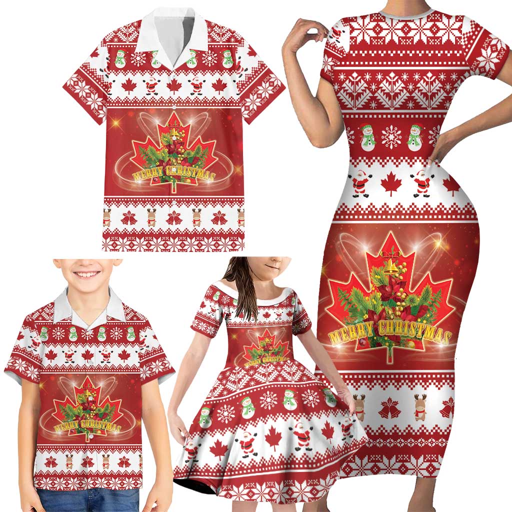Merry Christmas Canada Family Matching Short Sleeve Bodycon Dress and Hawaiian Shirt Festive Maple Leaf Xmas - Wonder Print Shop