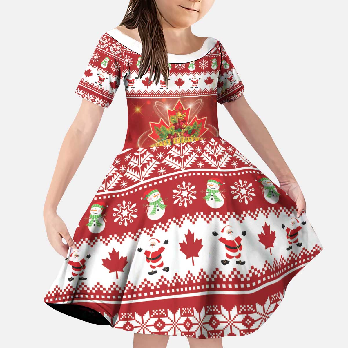 Merry Christmas Canada Kid Short Sleeve Dress Festive Maple Leaf Xmas - Wonder Print Shop