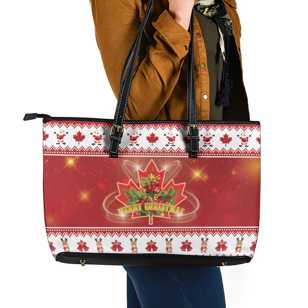 Merry Christmas Canada Leather Tote Bag Festive Maple Leaf Xmas - Wonder Print Shop