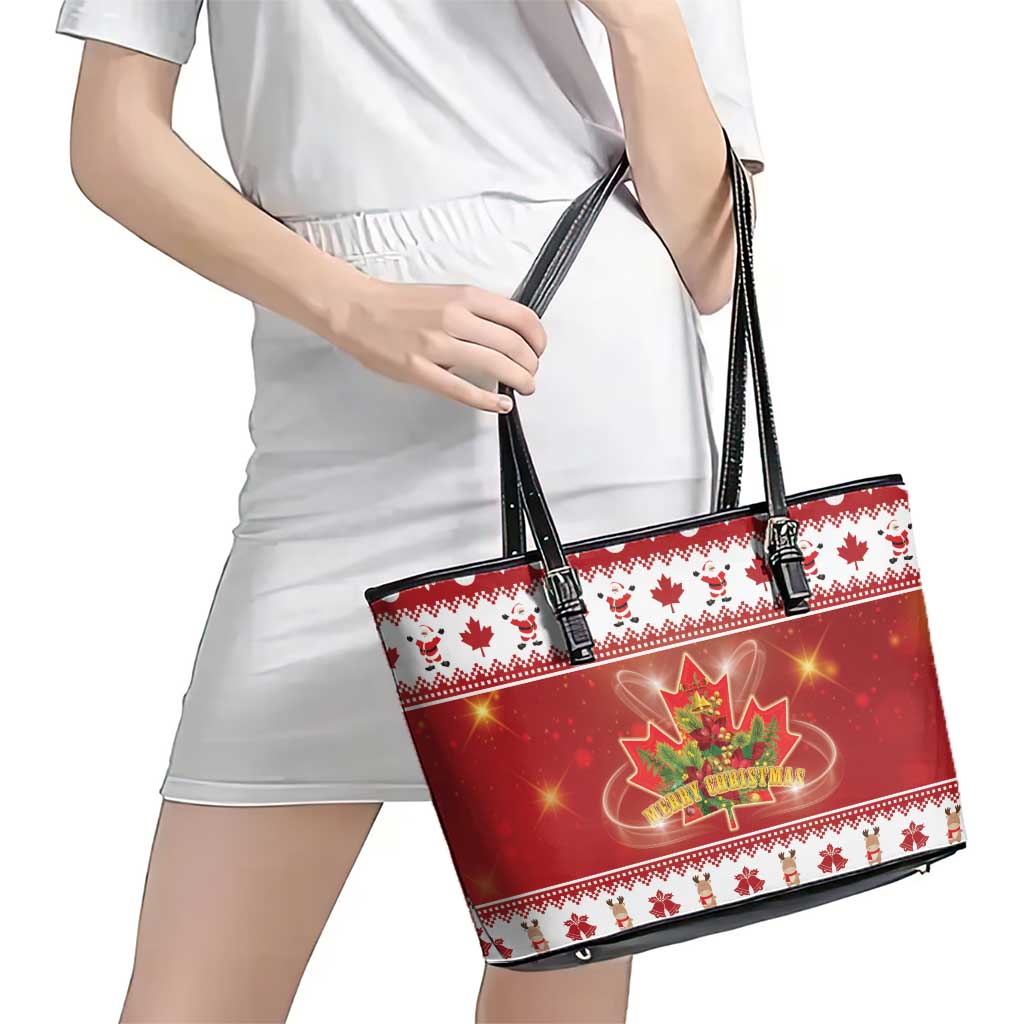 Merry Christmas Canada Leather Tote Bag Festive Maple Leaf Xmas - Wonder Print Shop