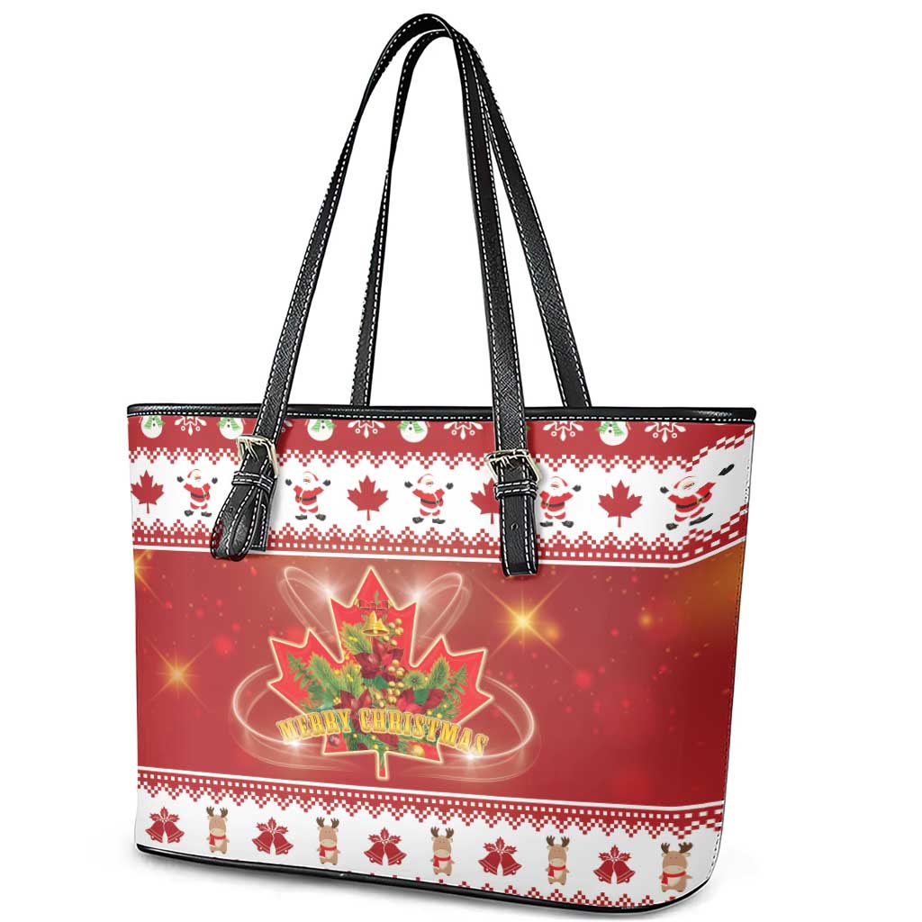 Merry Christmas Canada Leather Tote Bag Festive Maple Leaf Xmas - Wonder Print Shop