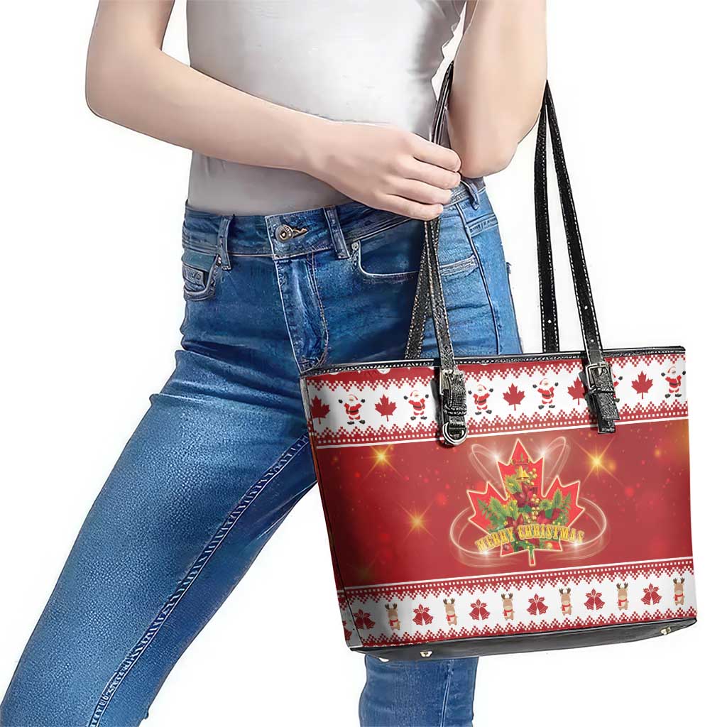 Merry Christmas Canada Leather Tote Bag Festive Maple Leaf Xmas - Wonder Print Shop