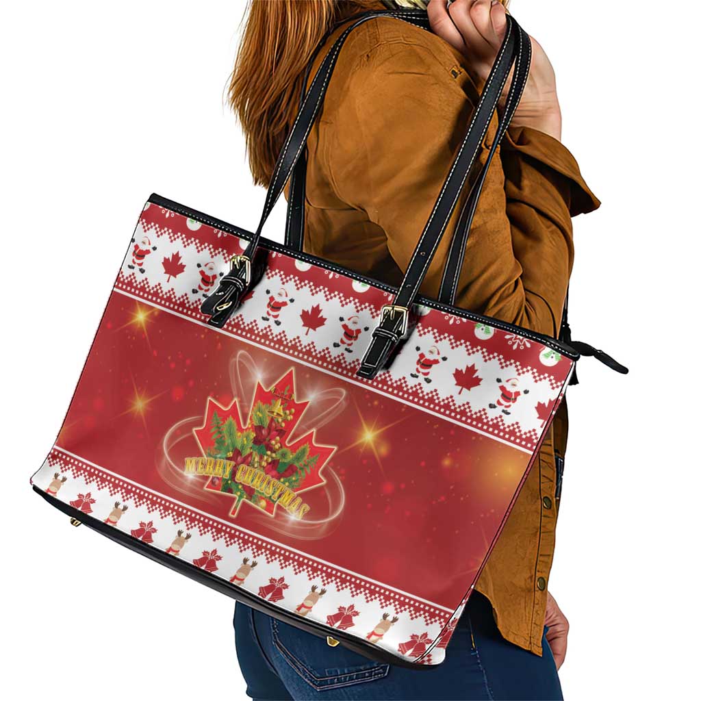Merry Christmas Canada Leather Tote Bag Festive Maple Leaf Xmas - Wonder Print Shop