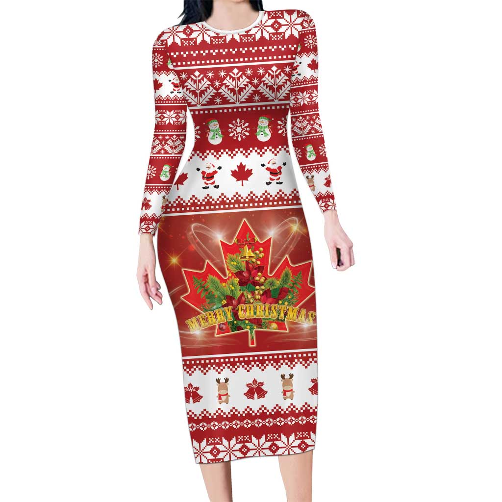 Merry Christmas Canada Long Sleeve Bodycon Dress Festive Maple Leaf Xmas - Wonder Print Shop