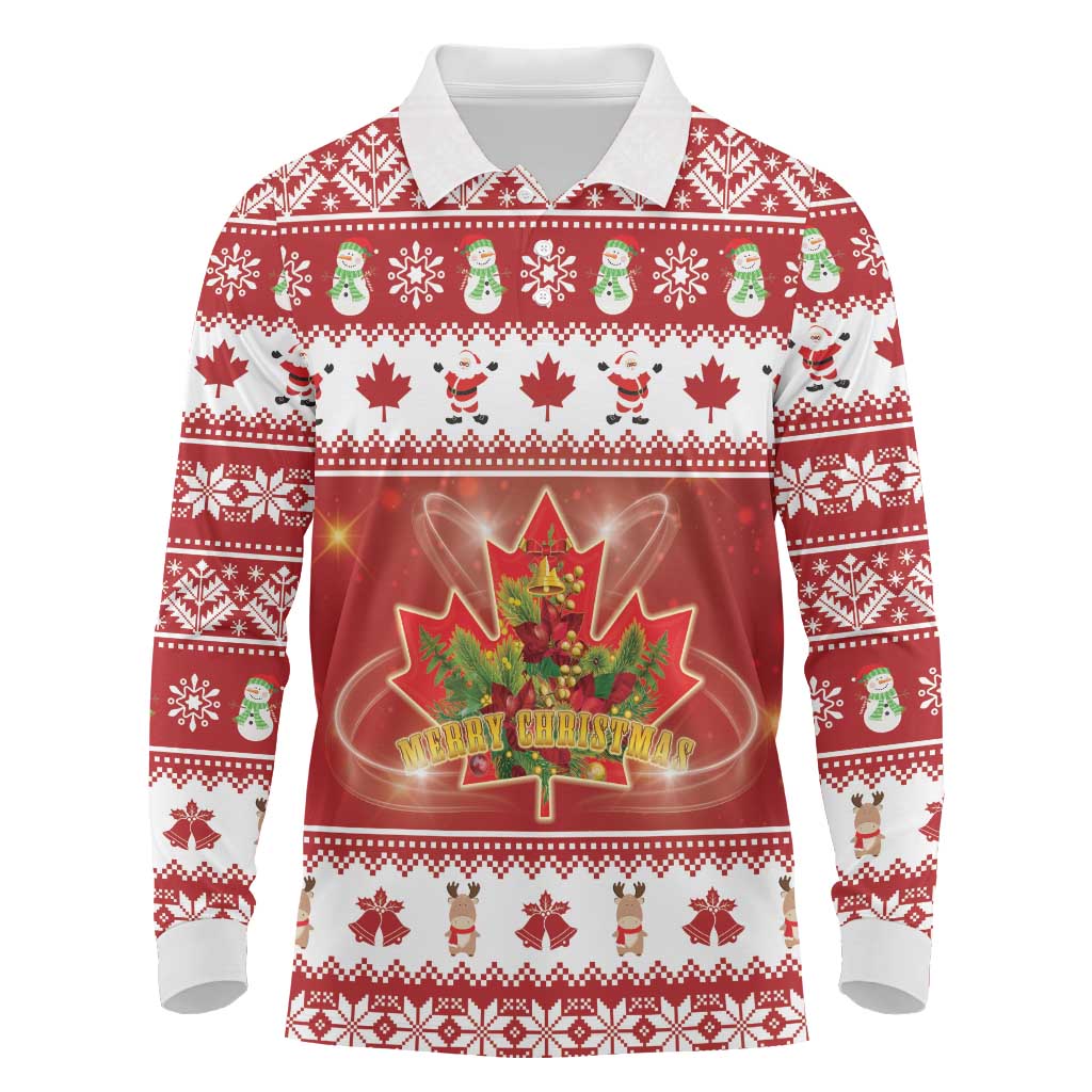Merry Christmas Canada Long Sleeve Polo Shirt Festive Maple Leaf Xmas - Wonder Print Shop