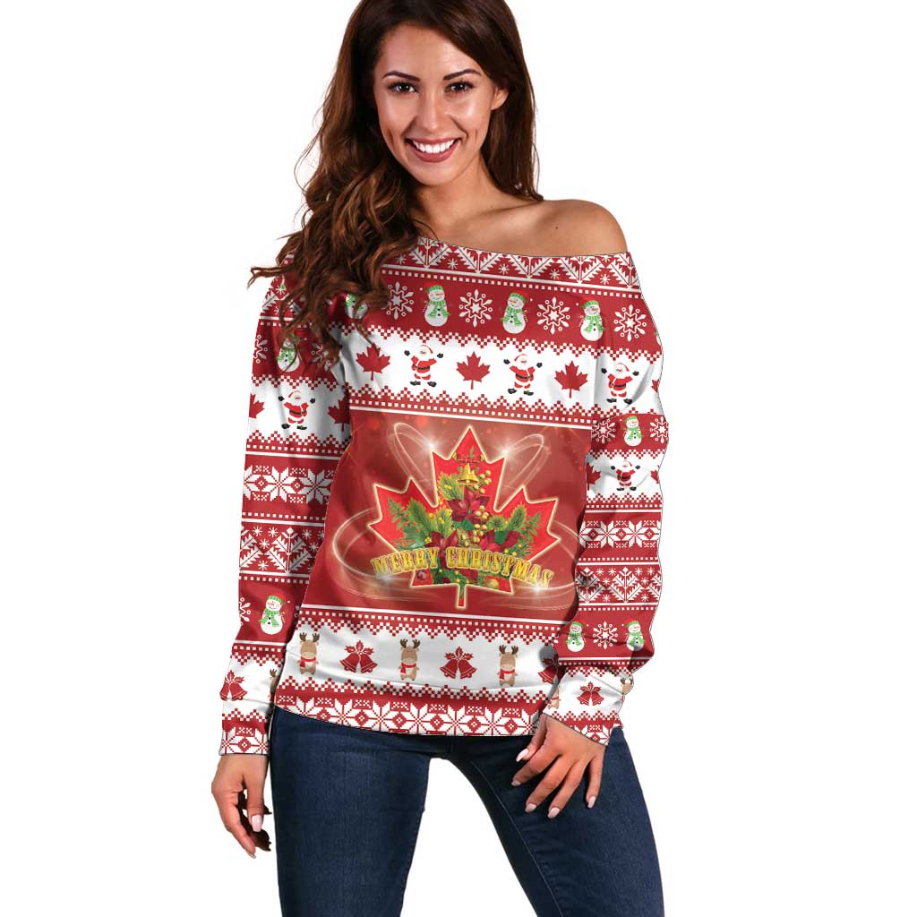 Merry Christmas Canada Off Shoulder Sweater Festive Maple Leaf Xmas - Wonder Print Shop