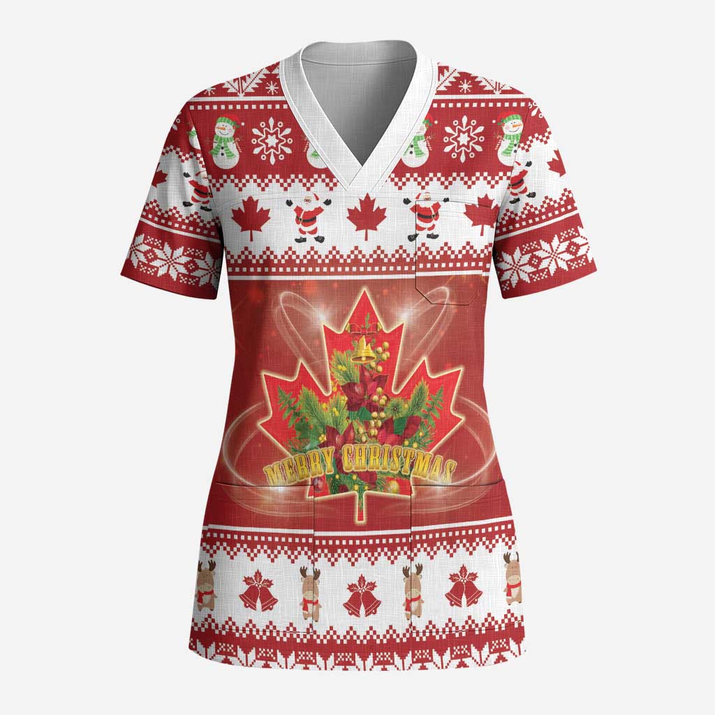 Merry Christmas Canada Scrub Top Festive Maple Leaf Xmas - Wonder Print Shop
