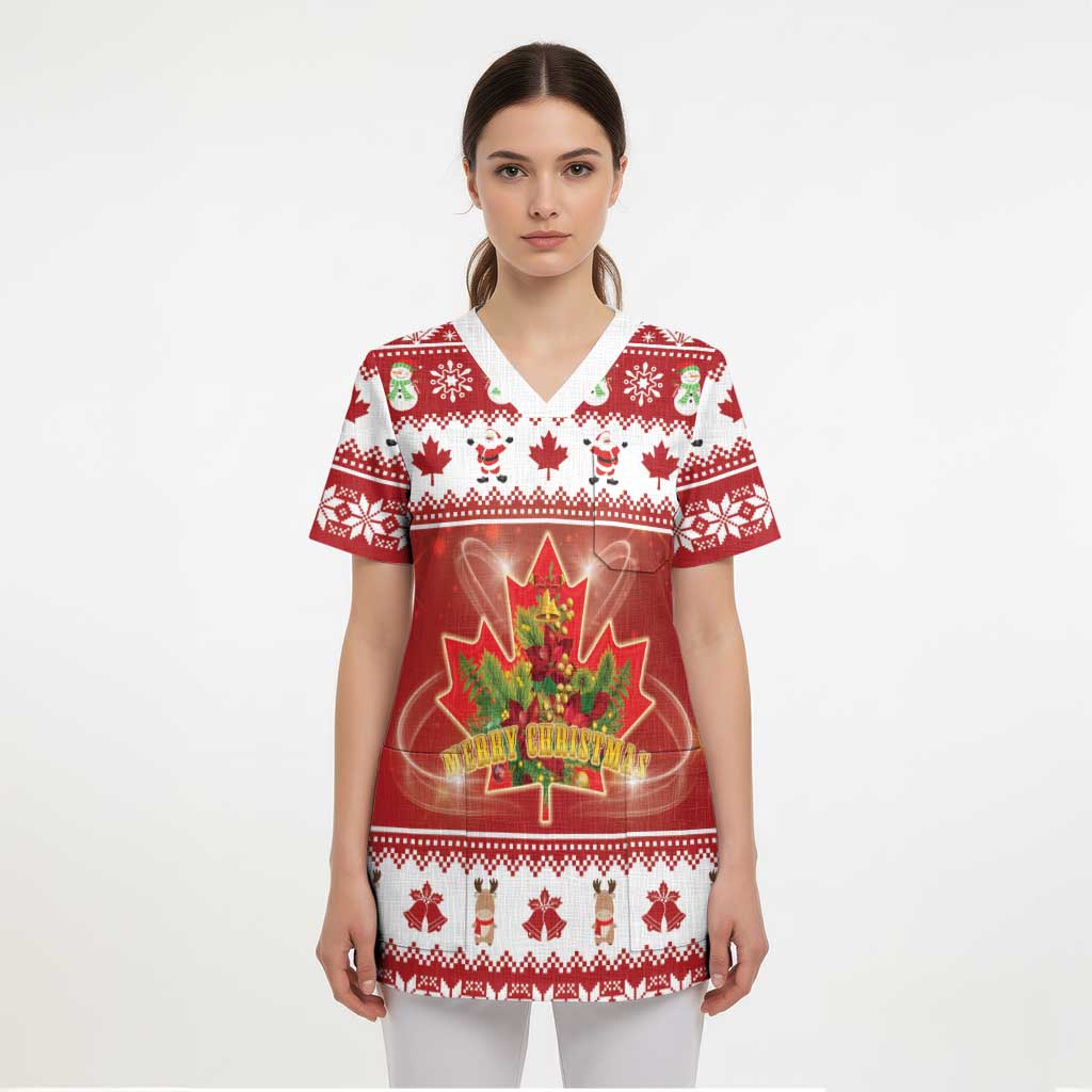 Merry Christmas Canada Scrub Top Festive Maple Leaf Xmas - Wonder Print Shop
