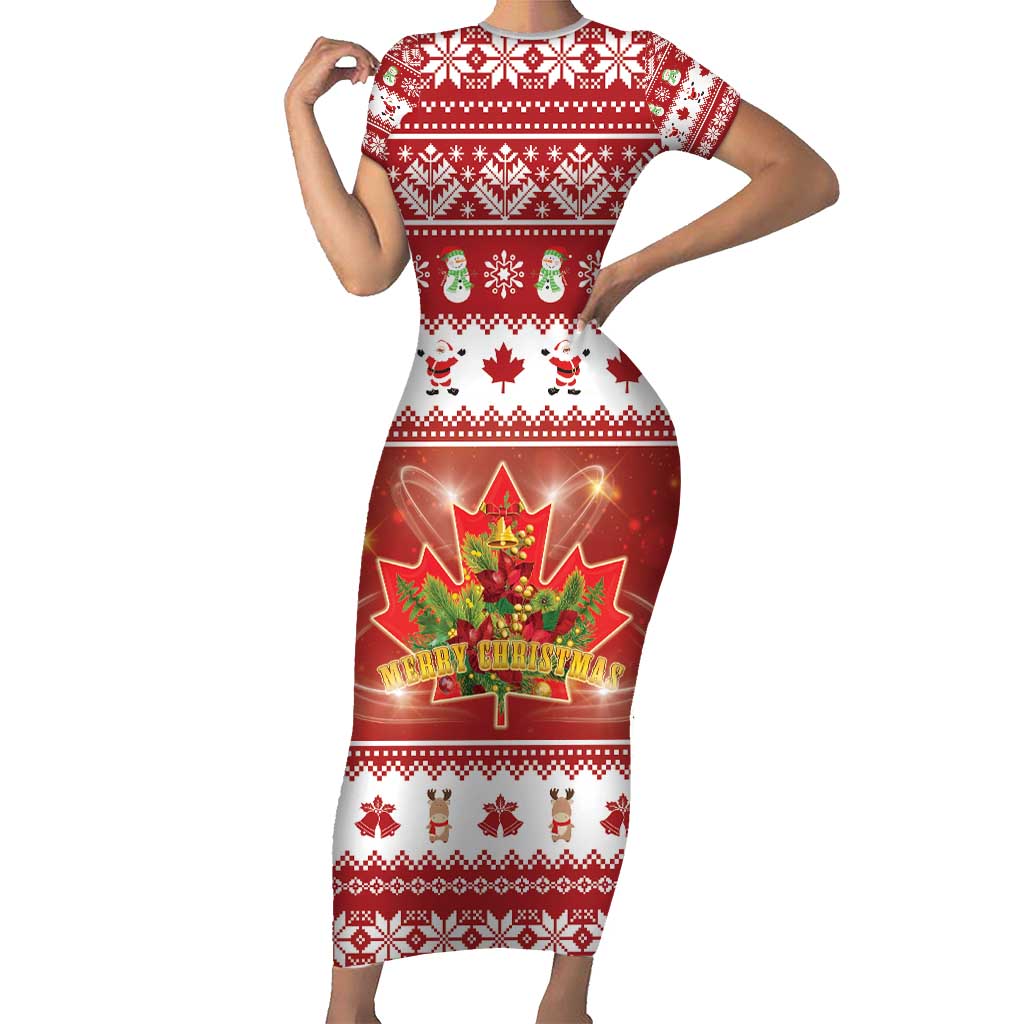 Merry Christmas Canada Short Sleeve Bodycon Dress Festive Maple Leaf Xmas - Wonder Print Shop