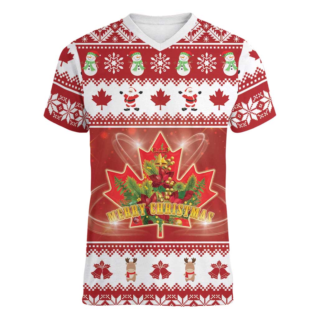 Merry Christmas Canada Women V-Neck T-Shirt Festive Maple Leaf Xmas - Wonder Print Shop