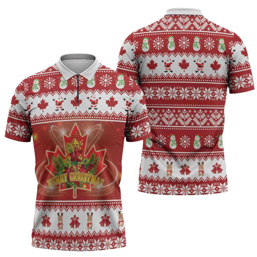 Merry Christmas Canada Zipper Polo Shirt Festive Maple Leaf Xmas - Wonder Print Shop
