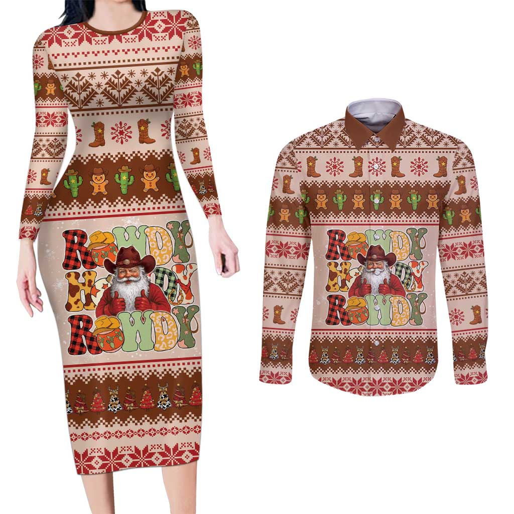Howdy Christmas Couples Matching Long Sleeve Bodycon Dress and Long Sleeve Button Shirt Cowboy Santa Western Xmas - Wonder Print Shop